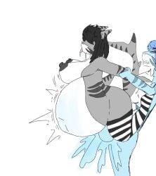 ahe_gao anthro big_belly black_hair blue_body blue_cum blue_eyes blue_hair carrying carrying_partner closed_eye cumflated_belly cumflation excessive_cum glowing_cum grey_body growing_belly not_maniac shark shark_boy shark_girl striped_legwear sweat thighhighs tiger_shark tongue tongue_out