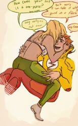 1boy 1boy1girl 1girls artemis_(dc) artemis_crock blonde_female blonde_hair bra couple dc dc_comics dialogue english_text female ginger hand_on_head happy hero kid_flash male male/female on_lap sitting_on_lap speech_bubble straight text undressing wally_west young_justice