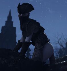 3d big_penis bloodborne bottomless closed_eyes cowgirl_position cum cum_drip cum_in_ass cum_inside emberstock father_gascoigne fromsoftware gloves hat hunter_(bloodborne) male/female monster oc partial_male ponytail size_difference white_hair