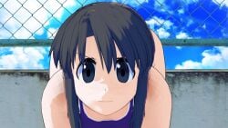 1girls ass azumanga_daiou bending_over bent_over black_hair determined female female_only fence grey_eyes hip_focus hips human koikatsu nyamo_minamo_kurosawa one-piece_swimsuit outdoors outside please_look_forward_to_it pool short_hair shoulders solo solo_female swimsuit teacher top-down_bottom-up