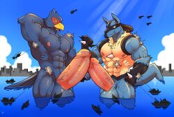 2023 2boys aircraft airplane anthro avian balls big_penis bird blue_body blue_fur canid canine city destruction duo erection falco_lombardi frottage fur gay generation_4_pokemon genitals green_eyes happyending hi_res jet lucario macro male male/male mammal muscular muscular_male nintendo pecs penis pokemon pokemon_(species) red_eyes sea sex ship spikes spikes_(anatomy) star_fox vehicle vein veiny_penis water watercraft