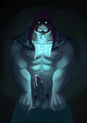 1boy abs bad_id bad_tumblr_id bara bare_arms bare_pectorals beard blue_skin clothes_pull colored_skin cum_on_penis erection facial_hair get-on-jb-art glowing glowing_eyes glowing_neckwear highres hood hood_up large_pectorals league_of_legends looking_at_viewer male_focus male_only male_pubic_hair muscular muscular_male nipples no_male_underwear pants pants_pull pectorals penis pubic_hair short_hair solo stomach thick_thighs thighs yorick