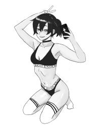 1girls alex_(ratatatat74) asian asian_female black_and_white blacked blacked_clothing choker cleavage female full_body inusanjp kneeling light_skin peace_sign phone ponytail ratatatat74 socks solo sports_bra sports_panties sportswear taking_picture v