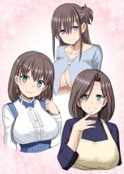 3girls ai-chan's_mother_(tawawa) ai-chan_(tawawa) apron blue_bow blue_eyes blush bow bowtie braid breasts brown_hair closed_mouth clothing_cutout female female_focus female_only finger_to_mouth getsuyoubi_no_tawawa green_eyes hand_up happy harukigenia head_tilt highres large_breasts long_hair looking_at_viewer maegami-chan_(tawawa) mature_female mother_and_daughter multiple_girls nose_blush open_mouth side_ponytail simple_background smile underboob underboob_cutout uniform upper_body waitress waitress_uniform