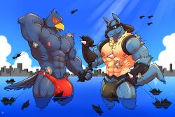 2023 2boys aircraft airplane anthro avian big_bulge bird blue_body blue_fur bulge canid canine city clothing destruction detailed_bulge duo falco_lombardi fur gay generation_4_pokemon genitals green_eyes happyending hi_res jet lucario macro male male/male mammal muscular muscular_male nintendo pecs pokemon pokemon_(species) red_eyes sea ship speedo spikes spikes_(anatomy) star_fox swimwear vehicle water watercraft