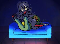 2girls 5-volt artist_request clothed clothing couch facesitting female female_only glowing_eyes grabbing_legs legs legs_spread mario_(series) milf multiple_girls nintendo selfcest source_request unknown_artist warioware yuri