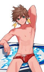 1boy brown_hair earrings green_eyes jewelry looking_at_viewer male male_focus male_only short_hair smile solo sorey_(tales) swimwear tales_of_(series) tales_of_zestiria yaowu