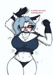 anthro armpits big_breasts blush bottomless breasts choker clothed clothing english_text female helluva_boss hi_res jewelry loona_(helluva_boss) necklace pace-maker small_waist solo text thick_thighs