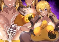 1girls cleavage cum cum_between_breasts cum_on_breasts cum_on_face dark-skinned_male ejaculation female female_focus huge_breasts kta_osushi large_breasts nipple_bulge paizuri paizuri_lead_by_female paizuri_under_clothes penis precum precum_through_clothing rwby stray_pubic_hair sweat sweatdrop yang_xiao_long