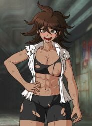 1girls accurate_art_style brown_hair cheeeeeeeeeeeeen danganronpa danganronpa_2:_goodbye_despair dark-skinned_female drooling female_only huge_breasts large_breasts muscular_female nipples owari_akane sprite_edit straight_hair torn_clothes