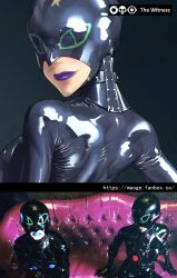 back_view blue_lipstick latex latex_suit love_death_+_robots purple_lipstick red_lipstick simple_background the_witness