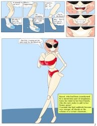 ass_expansion bikini breast_expansion comic doki_doki_literature_club doll doll_joints dollification english_text female knick_knack midriff page_2 post_transformation protoybonnie sayori_(doki_doki_literature_club) sunglasses sunnification text thigh_expansion