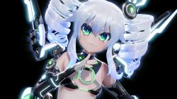 bangs big_eyes big_head curled_hair female futuristic futuristic_clothing green_eyes light-skinned_female light_skin mantis_x mechanical_wings neoteny no_nose o-ring petite silver_hair small_breasts solo tsurime twintails young