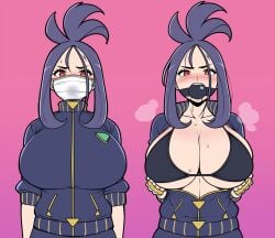 1girls ball_gag black_bra black_hair black_jacket black_pants bondage bra breasts cross_scar dendra_(pokemon) gag gagged jacket jam-orbital large_breasts looking_at_viewer mask medium_hair mouth_mask nintendo open_jacket pants pokemon pokemon_sv red_eyes scar scar_on_forehead sweat track_jacket track_pants underboob