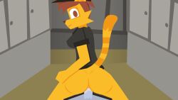 animated anthro brown_eyes brown_hair clothing domestic_cat duo felid feline felis female fur hair half_clothed hat headgear headwear male male/female mammal on_bottom on_top oral reverse_cowgirl_position sex tomboy totally_not_snowedfox yellow_body yellow_fur