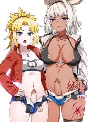 2futas angry animal_ears bangs big_breasts bikini_top blonde_hair body_markings booty_shorts breast_size_difference breasts brown_skin caenis_(fate) clothed clothing dark-skinned_futanari dark_skin duo edit edited erection fate/grand_order fate_(series) futa_only futanari futmad_(editor) green_eyes huge_breasts human ichi_ka0 light-skinned_futanari light_skin mordred_(fate) mostly_nude request short_shorts shorts small_breasts standing tan tan-skinned_female tanned_skin thick_thighs tomboy white_hair wide_hips