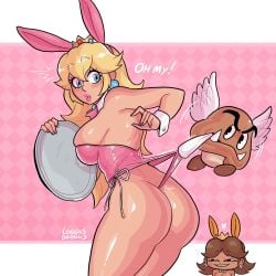 blonde_hair bunny_costume bunny_ears bunny_girl bunny_tail bunnysuit crown goomba large_ass loggus_doggus long_hair luscious_lips mario_(series) nintendo paragoomba playboy_bunny princess princess_daisy princess_peach shocked shocked_expression sideboob thick_thighs tiara wedgie