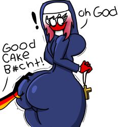 ass ass_grab big_ass big_breasts countryhumans countryhumans_girl germany_(countryhumans) insult nun nun_outfit poland_(countryhumans) red_hair suprised suprised_eyes tight_clothing