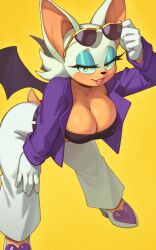 1girls 2023 2023s anthro bat_ears bat_girl bat_tail bat_wings breasts cleavage clothed female female_focus female_only furry furry_female green_eyes hi_res huge_breasts jacket leaning_forward makeup naughty_face pants purple_jacket rizdraws rouge_the_bat sega short_tail shortstack simple_background sonic_(series) sonic_the_hedgehog_(series) suggestive_look tail tan tan-skinned_female tanned_skin the_murder_of_sonic_the_hedgehog to white_fur wings yellow_background