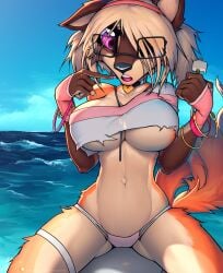 1girls 2023 anthro beach big_ass big_breasts big_eyes bikini bikini_bottom bikini_top black_nose blonde_hair bottom_lip bracelet bracelets canid canine choker clothing collar covered_breasts covered_nipples digital_media_(artwork) ears female female_only furry furry_only glasses hair hair_over_one_eye hairband jewelry lip_gloss lipstick mcard multicolored_fur multiple_tails nail_polish nails navel ocean open_mouth pink_lips pointy_ears popsicle purple_eyes ripped_clothing sea seaside snout solo tail three_tone_fur wolf wristwear