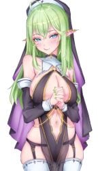 1girls belly_button blue_eyes blush eien_project elf female female_only green_hair green_nails licking_lips light-skinned_female light_skin lunarisbloom_(artist) nun pointy_ears revealing_clothes riifu_evergreen simple_background solo virtual_youtuber white_background