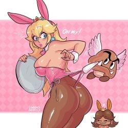 blonde_hair bunny_costume bunny_ears bunny_girl bunny_tail bunnysuit crown goomba large_ass loggus_doggus long_hair luscious_lips mario_(series) nintendo pantyhose paragoomba pink_bunnysuit playboy_bunny princess princess_daisy princess_peach shocked shocked_expression sideboob thick_thighs tiara wedgie