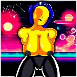 1:1 abstract alien alien_girl big_breasts breasts female female_only gold_(metal) looking_at_viewer mxx no_eyes original space statue vaporwave yellow_skin