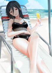 1girls beach beach_chair black_hair black_one-piece_swimsuit black_swimsuit breasts brown_eyes champagne champagne_glass clouds covered_navel holding_glass latex long_hair looking_at_viewer military morag_ladair_(xenoblade) nayuta-kanata nintendo ocean one-piece_swimsuit outside painted_fingernails sky small_breasts swimsuit water xenoblade_(series) xenoblade_chronicles_2