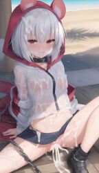 after_sex ai_generated animal_ears beach collar cum cum_covered cum_drenched cum_drip cum_in_pussy cum_on_body cum_on_breasts looking_at_viewer miniskirt mouse_ears open_clothes red_eyes see-through shoes short_hair sitting smile spread_legs wet_clothes white_hair