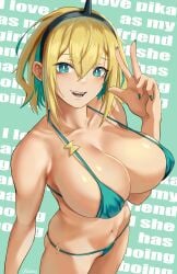 1girls amano_pikamee bikini blonde_hair green_eyes green_nails huge_breasts multicolored_hair navel peace_sign sharp_teeth two_tone_hair ultrabinou virtual_youtuber voms_project yellow_hair