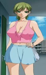 00s 1girls 2000s 2005 2d animated big_breasts breasts busty cleavage female female_only futago_no_haha_seihonnou green_eyes green_hair hand_on_hip highres huge_breasts kimishima_yuuko legs lipstick looking_at_viewer makeup mature mature_female midriff milf milky_(company) ms_pictures navel ova parted_lips pose posing screencap screenshot sensual short_hair skirt solo stitched tank_top thighs third-party_edit voluptuous