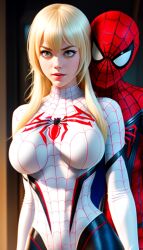 ai_generated blonde_hair clothed clothed_female clothing female male marvel marvel_comics nai_diffusion spider-gwen_(cosplay) spider-man_(cosplay) spider-man_(series) stable_diffusion standing superhero_costume superheroine