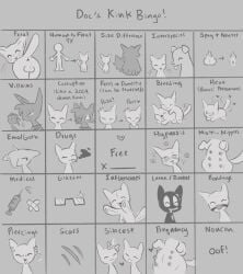 ambiguous_gender anus balls bangs bingo bingo_card canid canine canis domestic_cat domestic_dog duo english_text eyewear felid feline felis feral gag genitals glasses hi_res labbit1337 latex male mammal nipples penis piercing scar text