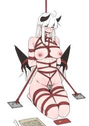 absurdres arms_tied black_wings bodysuit bondage bound bound_wings box_tie chastity chastity_cage chastity_device closed_eyes demon demon_girl demon_horns demon_wings devil devil_girl devil_horns earrings edited elf_ears enderanswer frogtie frogtied frogtied_legs futa_only futanari gag hands_behind_back highres horns jewelry key key_on_mat kidnap kidnapped kidnapping kneeling light-skinned_female light-skinned_futanari light_skin nipple_piercing nipple_rings paper piercing pointy_ears red_rope restrained rope rope_around_ankle rope_around_body rope_around_breasts rope_around_neck rope_between_breasts rope_bondage rope_gag rope_over_clothes scared sex_toy slave slavegirl trying_not_to_cum white_hair white_room wings wings_tied woman