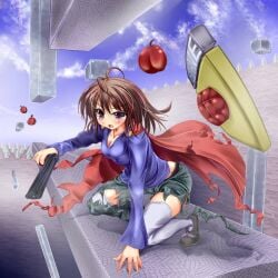 aged_up blue_shirt brown_hair cape crying flat_chest fruit gun i_wanna_be_the_guy monikano no_sex ripped_clothing rule_63 spikes the_kid_(iwbtg) weapon