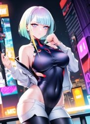 ai_generated big_ass big_breasts cd_projekt_red cyberpunk:_edgerunners cyberpunk_2077 female female_only latex leotard light-skinned_female light_skin looking_at_viewer lucyna_kushinada slythara studio_trigger tight_clothing