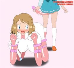 2girls all_fours bitchsuit blue_dress blue_eyes bondage breasts brown_hair buttplug buttplug_tail dress holding_buttplug laprasking medium_breasts miette_(pokemon) mostly_offscreen_character multiple_girls nintendo pet_play petplay piddlefours pokemon pokemon_(cosplay) pokemon_(species) pokemon_xy serena_(pokemon) short_hair sylveon sylveon_(cosplay)