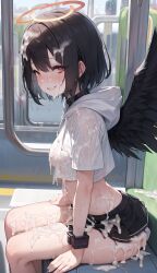 after_sex ai_generated black_hair black_wings breasts collar cum cum_drip cum_in_pussy cum_on_body cum_on_breasts cum_on_clothes female glasses halo looking_at_viewer open_clothes red_eyes short_hair sitting smile train