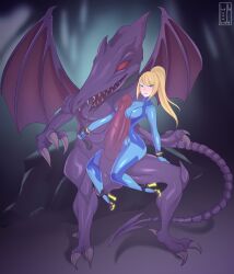 alien bimbo blonde_female blonde_hair blue_eyes dragon erect_nipples erect_nipples_under_clothes female female/male femdom giant_penis heels hellobirde leash male metroid nintendo outercourse penis penis_between_breasts ponytail purple_body ridley samus_aran sitting sitting_on_person size_difference skintight skintight_bodysuit tamed zero_suit zero_suit_samus