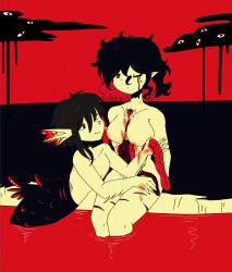 2girls bleeding blood breasts completely_nude doresuaan ero_guro gore guro hair_between_eyes highres large_breasts mermaid monster_girl multiple_girls non-web_source nude original short_hair small_breasts thick_thighs thighs witch yuri