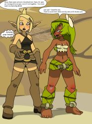 2girls after_fellatio after_oral amalia clothed cra dark-skinned_female dark_skin english_text evangelyne female female_only green_hair multiple_girls princess_amalia_sheran_sharm pussy pussy_peek speech_bubble standing sunnie text wakfu