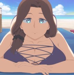 1girls ai-chan's_mother_(tawawa) anime_screencap asymmetrical_hair beach bikini blue_eyes breast_press breast_rest breasts brown_hair cleavage clothing female front_view getsuyoubi_no_tawawa high_resolution huge_breasts large_breasts long_hair looking_at_viewer lying mature mature_female mother ocean ponytail screen_capture screenshot side_ponytail stitched swimsuit tied_hair top_heavy voluptuous voluptuous_female