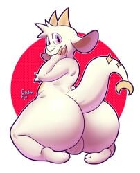 absurd_res anthro ass balls big_ass big_butt bubble_butt chikn_nuggit circle claws digital_media_(artwork) dragon fat_ass fwench_fwy_(chikn_nuggit) genitals golde goldeneyensfw hand_on_face hi_res horn huge_ass kneeling looking_at_viewer looking_back male moon multicolored_body pac-man_eyes presenting presenting_hindquarters purple_eyes red_background simple_background solo star tail thick_ass thick_thighs two_tone_body white_background white_body yellow_body