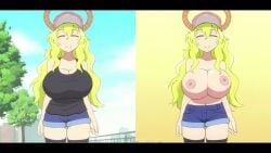 1girls 2d 2d_animation animated bouncing_breasts breasts casual cleavage closed_eyes clothing dragon_girl edit female female_only flou green_hair horns huge_breasts longer_than_30_seconds miss_kobayashi's_dragon_maid music outdoors pale_skin quetzalcoatl_(dragon_maid) short_shorts shorts smile solo sound tagme thighhighs thighs topless video walk_cycle walking