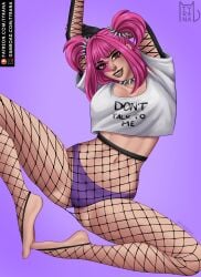 black_lips black_lipstick brown_eyes drop_dee_(fortnite) feet fishnets fortnite fortnite:_battle_royale makeup nail_polish painted_fingernails painted_nails panties pigtails pink_hair pink_nail pink_nail_polish pink_nails purple_panties rockstar shirt spiked_collar tagme tongue tyrana