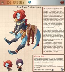 blue_skin creature_index english_text female_focus generation_2_pokemon hi_res kinkymation monster_girl nintendo page_158 page_number pokémon_(species) pokemon pokemon_(species) pokemorph pokemusu profile red_hair tagme text_box totodile