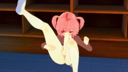 1futa autofellatio balls classroom doki_doki_literature_club futanari hair_ornament knee_socks kneehighs kneesocks large_penis natsuki_(doki_doki_literature_club) no_skirt one_leg_up penis pink_eyes pink_hair public school_uniform schoolgirl socks solo uwabaki vagina white_socks