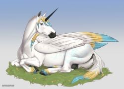 2023 alicorn anatomically_correct anatomically_correct_anus anus balls digital_media_(artwork) equid equine feral genitals grass hi_res hooves horn looking_at_viewer lying male mammal nude plant presenting quadruped shaded solo superlavplov white_body wings