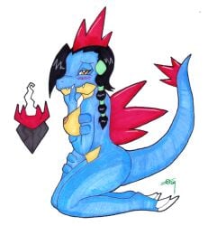 3_toes after_transformation alligator alligatorid alternate_species anthro anthro_only aroused aroused_face aroused_smile bedroom_eyes big_breasts black_hair blue_body blue_scales blush braided_hair breasts candice_(pokemon) claws crocodilian darkrai emblem enjoying fangs feet female feraligatr fingers generation_2_pokemon generation_4_pokemon gym_leader hair holding_mouth ivanks kneeling legendary_pokemon long_hair looking_at_viewer narrowed_eyes nintendo nipples nude pokemon pokemon_(species) red_head_scales reptile scales scalie seductive short_hair side_view simple_background sitting smile solo spiked_back spiked_tail spikes spikes_(anatomy) tail tan_body teeth toe_claws toes white_background yellow_eyes