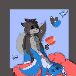 alexboom11 anthro balls blue_body bodily_fluids canid canine canis duo erection genital_fluids genitals grey_body hi_res jossmar male male/male male_penetrated male_penetrating male_penetrating_male mammal penetration sex wolf zeeb_wolfy